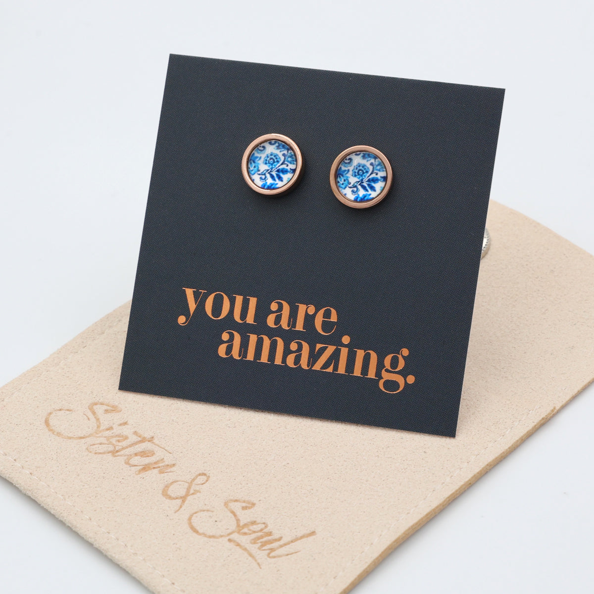 You Are Amazing - Rose Gold Stainless Steel 8mm Circle Studs - BLUEY (12554)