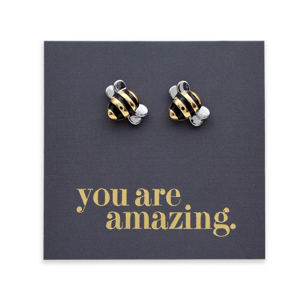 Bee-shaped earrings on a card with 'you are amazing' text