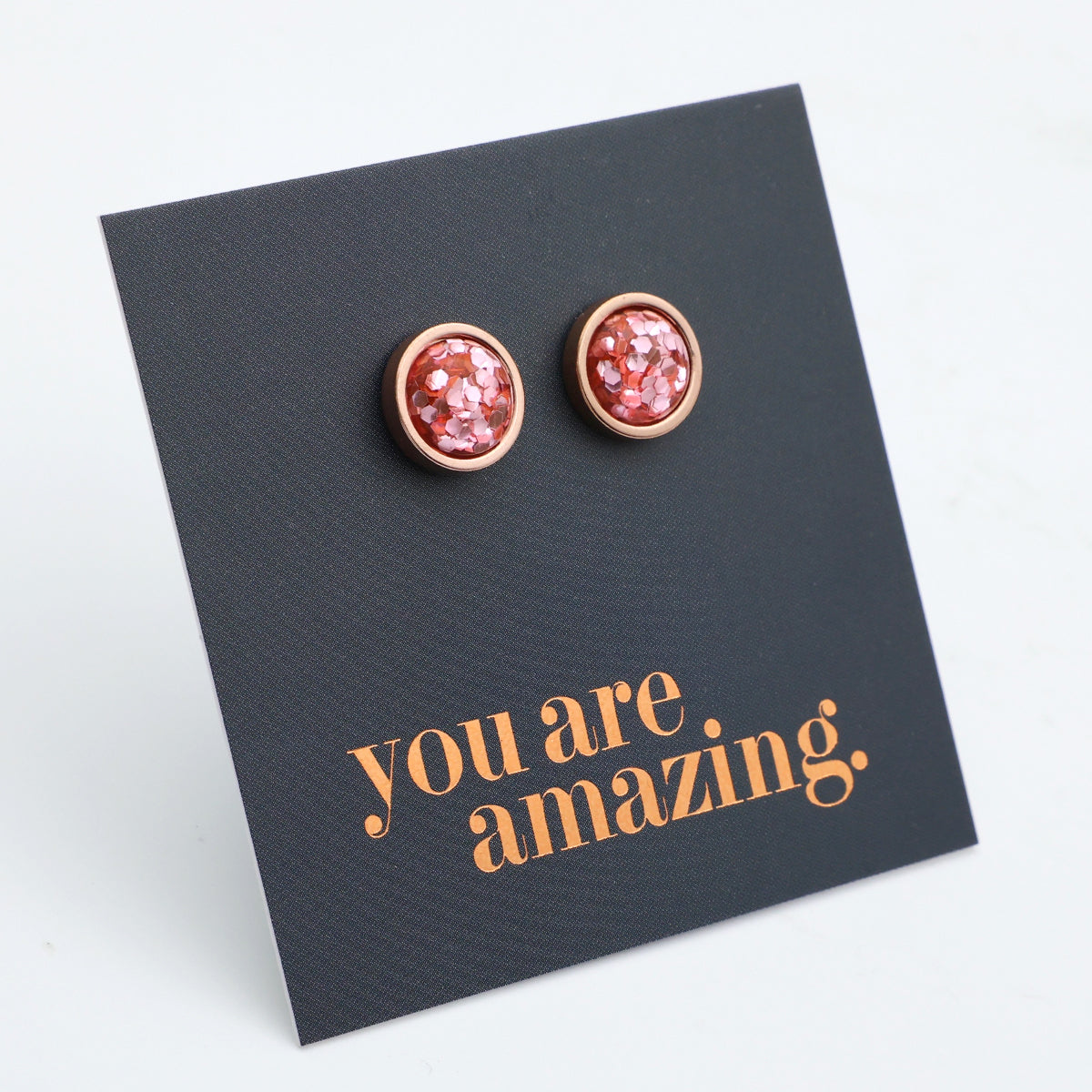 You Are Amazing - Rose Gold Stainless Steel 8mm Circle Studs - Pink Glitter (10421)