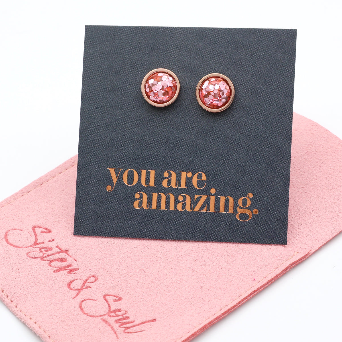You Are Amazing - Rose Gold Stainless Steel 8mm Circle Studs - Pink Glitter (10421)