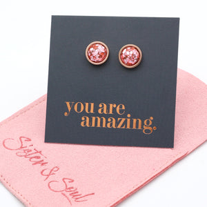 You Are Amazing - Rose Gold Stainless Steel 8mm Circle Studs - Pink Glitter (10421)