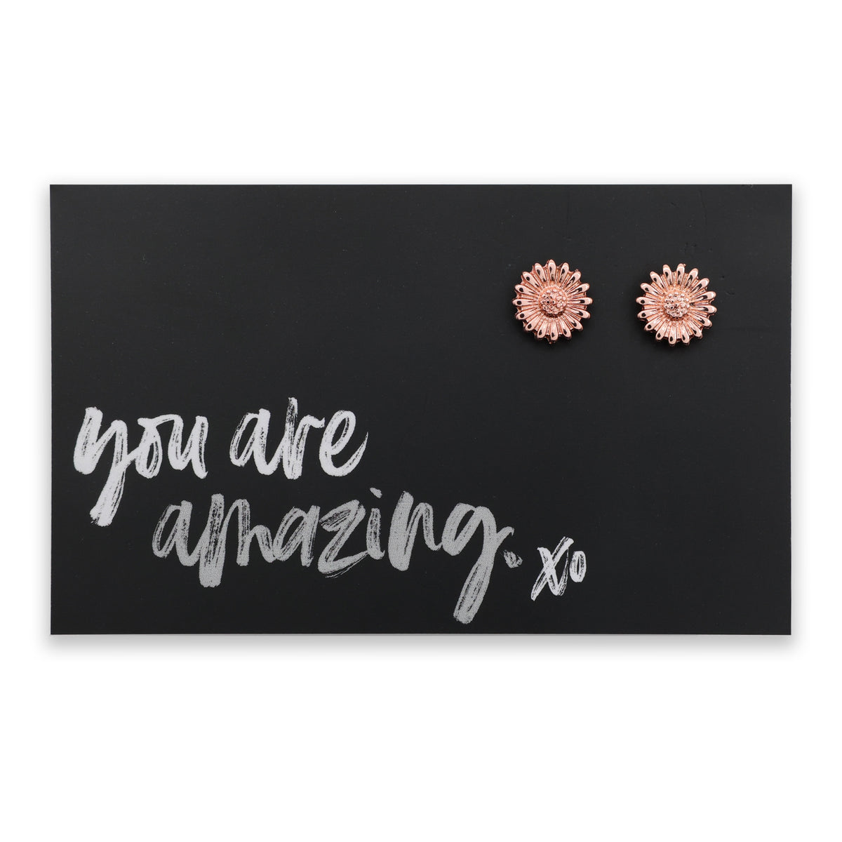 Rose gold sunflower earrings on a black card with 'you are amazing, xo' text.