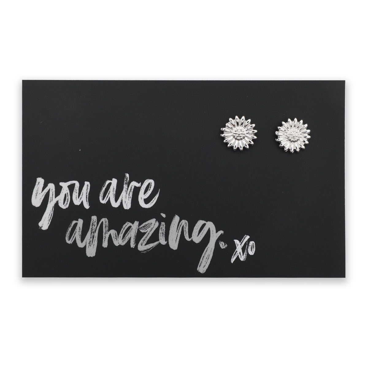 Silver sunflower earrings on a black card with 'you are amazing' text