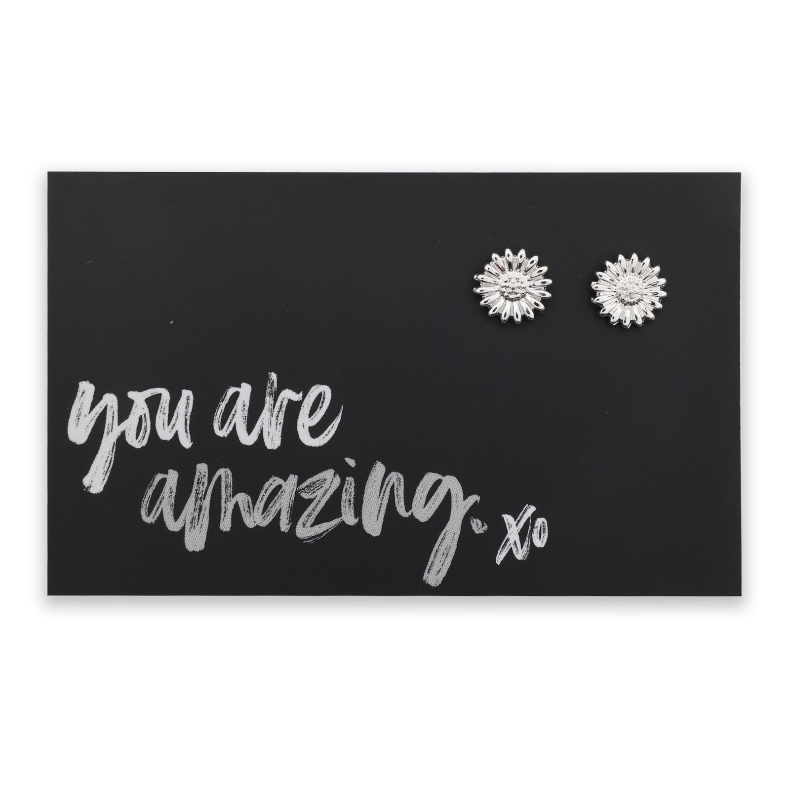Silver sunflower earrings on a black card with 'you are amazing' text