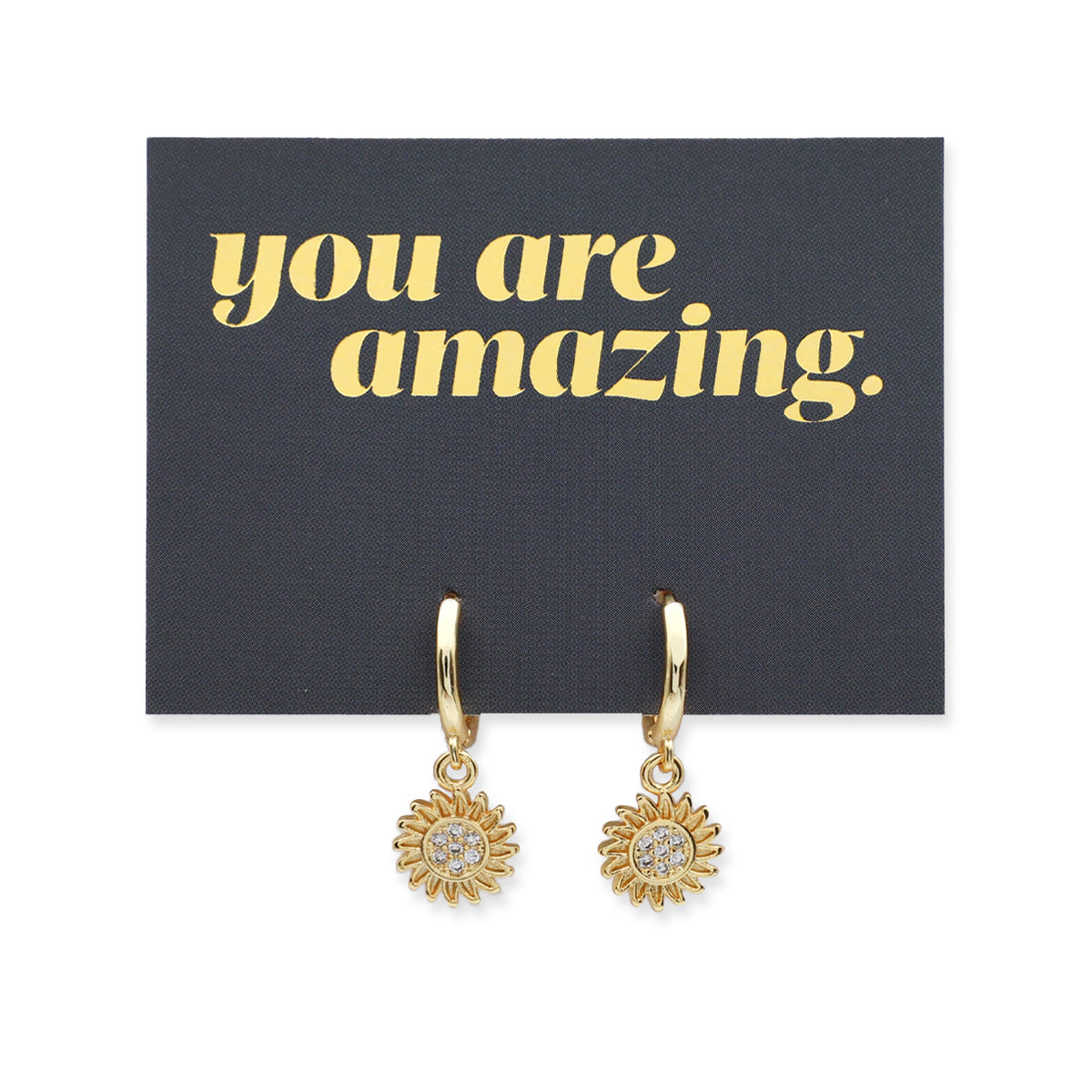 HUGGIES - You Are Amazing - Sterling Silver Gold Hoops with Sunflower Charm (11433)