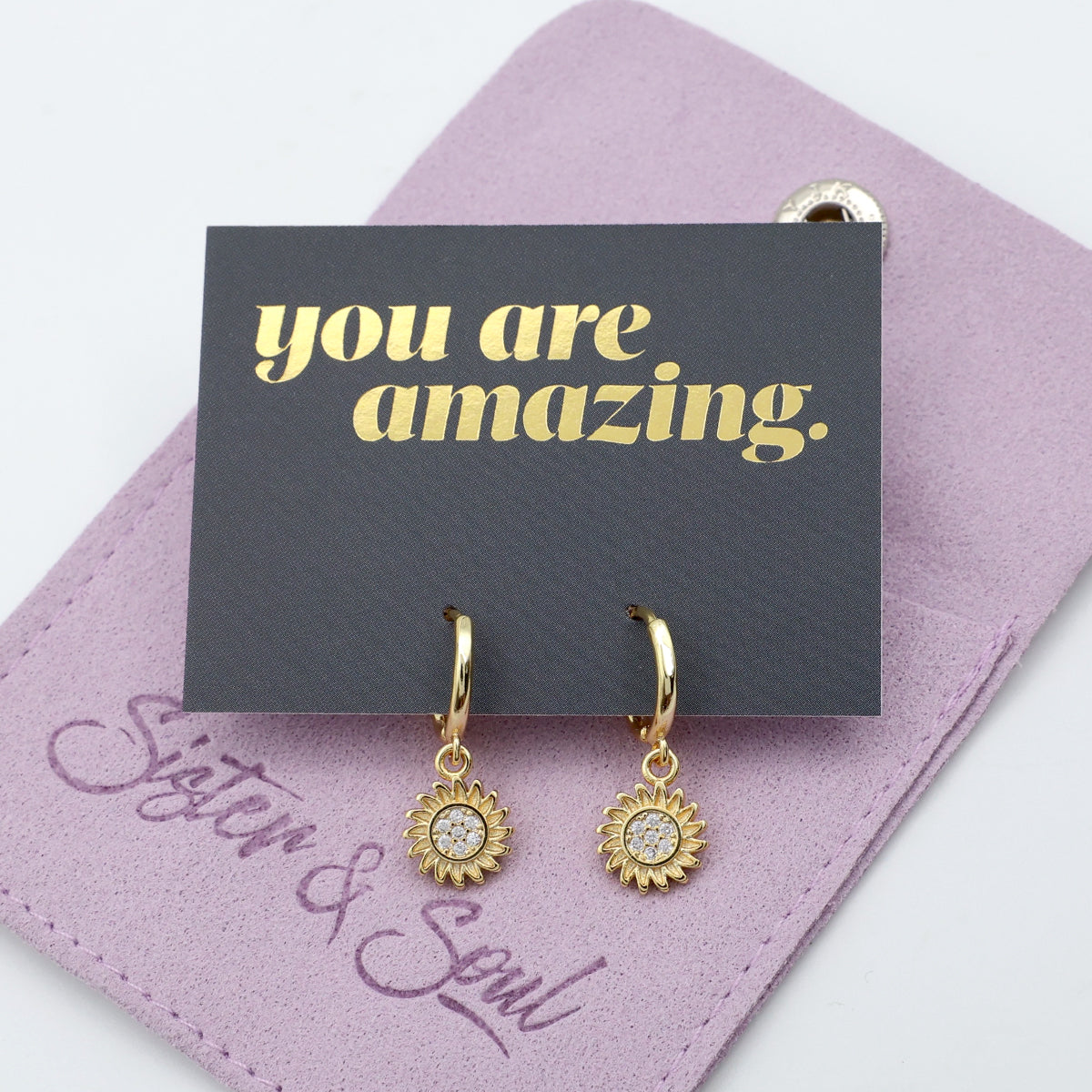 HUGGIES - You Are Amazing - Sterling Silver Gold Hoops with Sunflower Charm (11433)