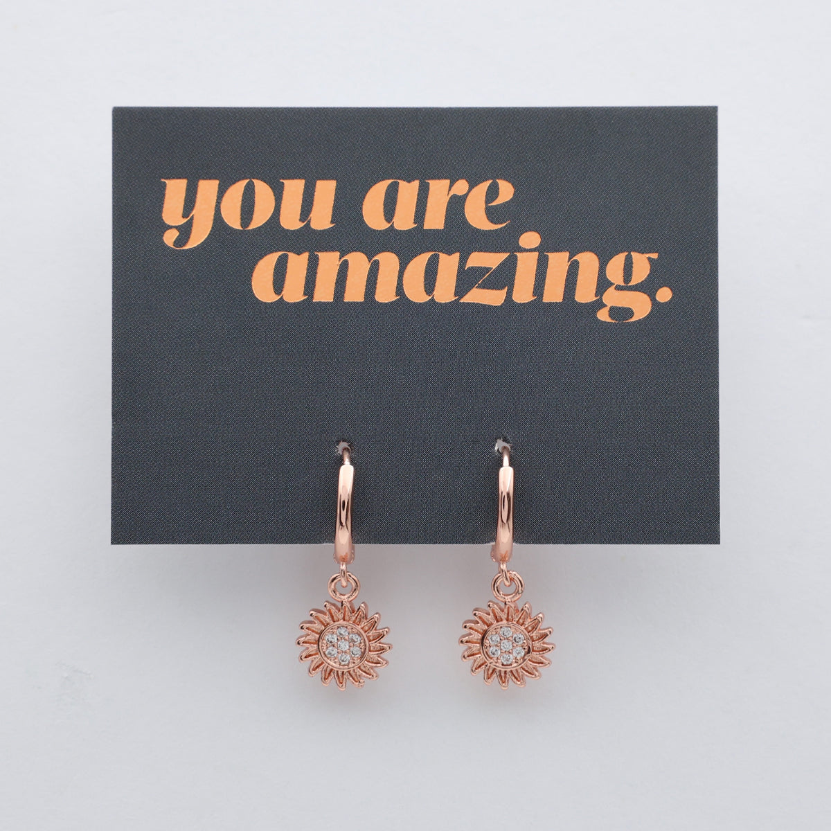 HUGGIES - You Are Amazing - Sterling Silver Rose Gold Hoops with Sunflower Charm (11661)