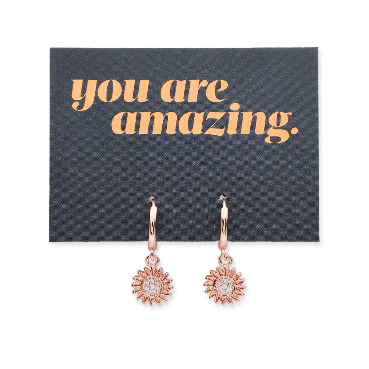HUGGIES - You Are Amazing - Sterling Silver Rose Gold Hoops with Sunflower Charm (11661)