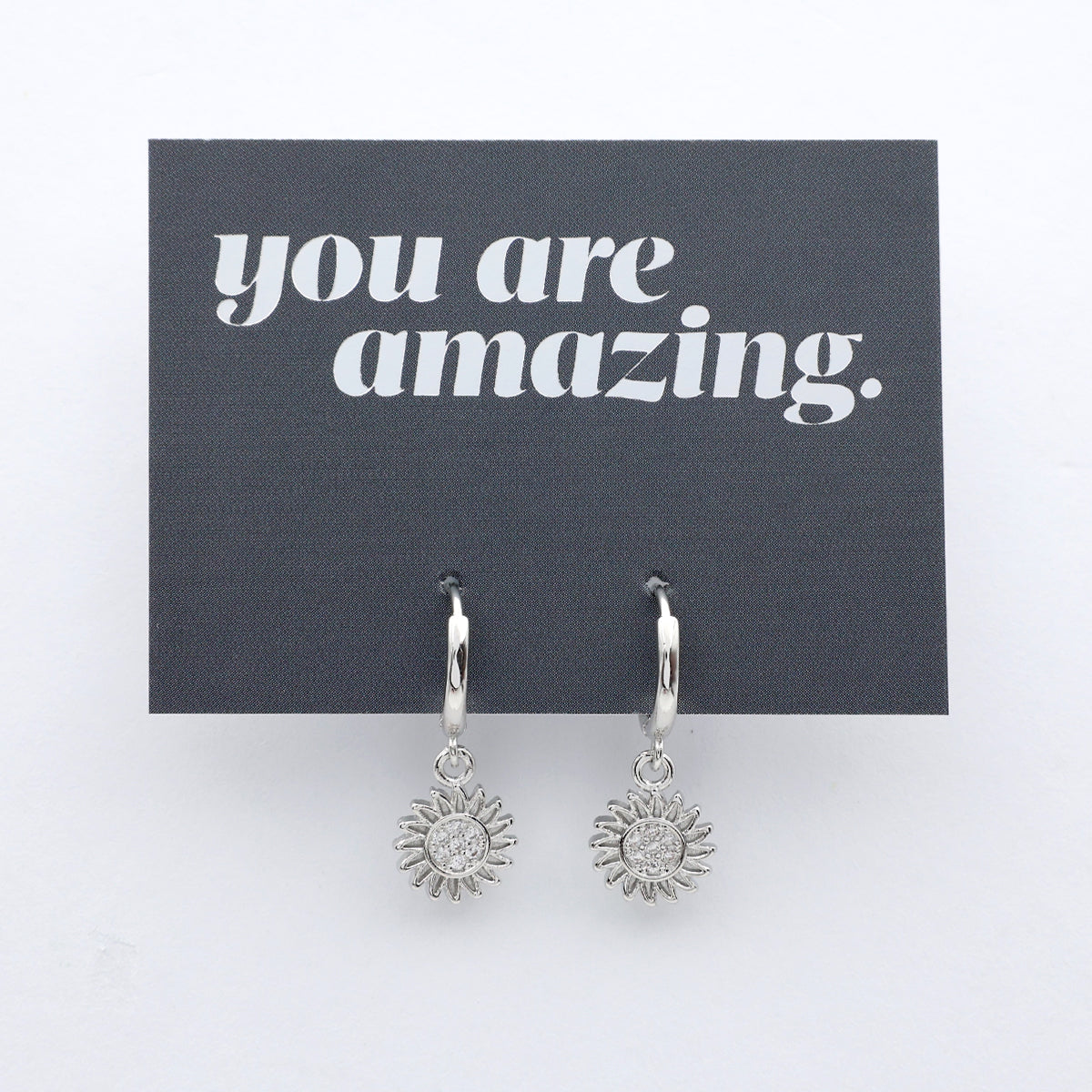 HUGGIES - You Are Amazing - Sterling Silver Hoops with Sunflower Charm (11522)
