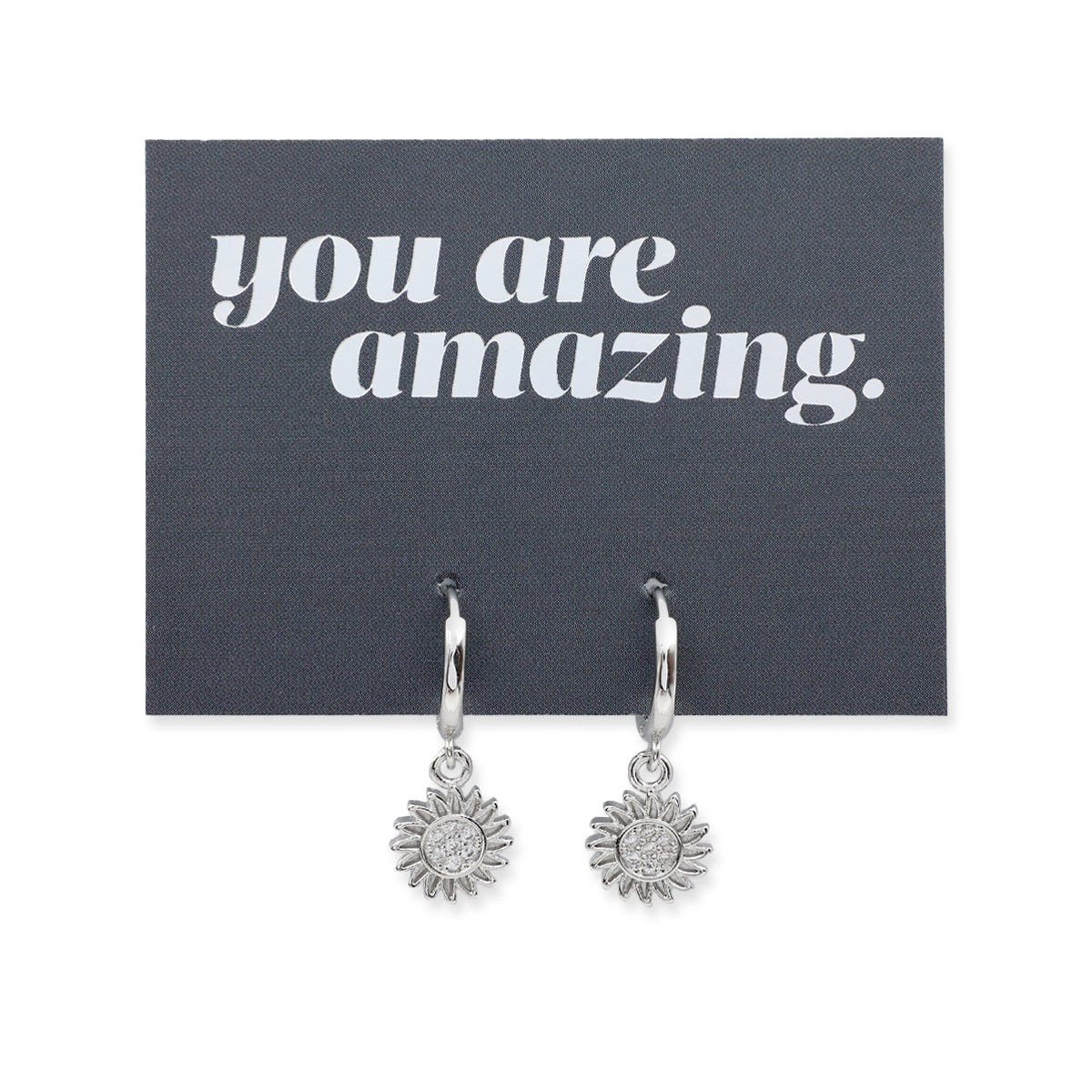 HUGGIES - You Are Amazing - Sterling Silver Hoops with Sunflower Charm (11522)