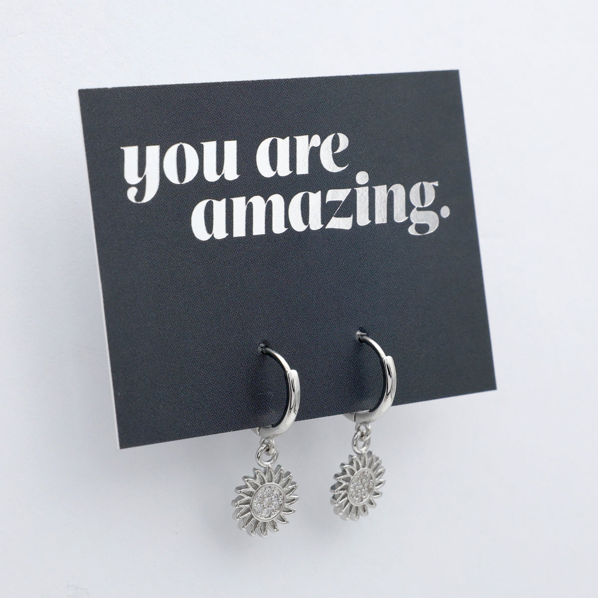 HUGGIES - You Are Amazing - Sterling Silver Hoops with Sunflower Charm (11522)