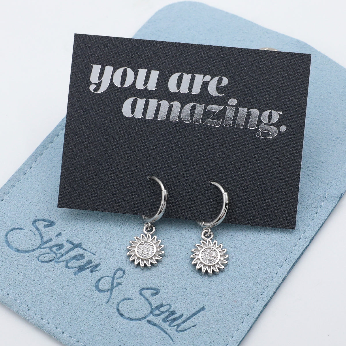 HUGGIES - You Are Amazing - Sterling Silver Hoops with Sunflower Charm (11522)