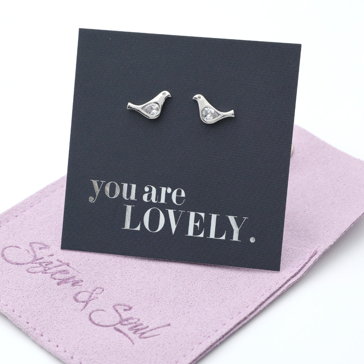 Little Birds - Sterling Silver Studs + Clear CZ - You Are Lovely (2301-R)