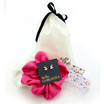 Easter gift bundle with rabbit shaped earring studs, pink scrunchie and plush white scrunchie and hair clip accessory.