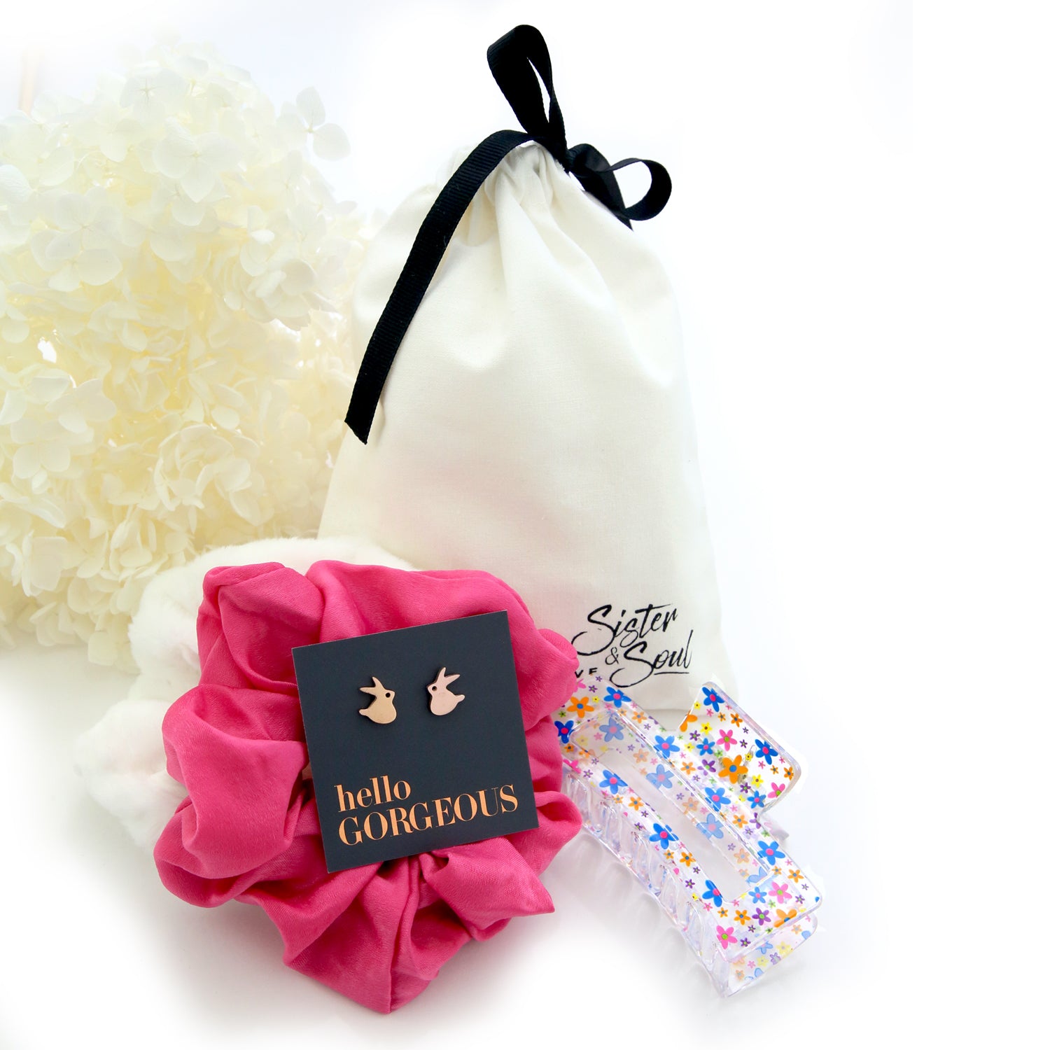 Hello Gorgeous - PLUSH PINK Hair Accessory + Bunny Studs Gift Bundle (R06)
