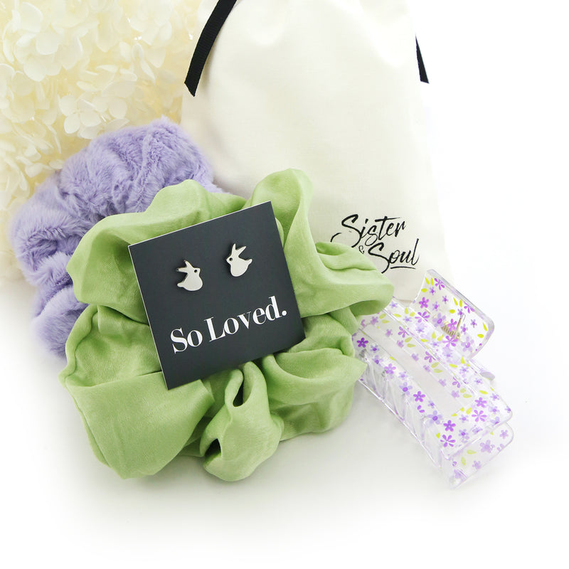 So Loved Purple Plush + Green Hair Accessory + Studs Easter Gift Bundle (R15)
