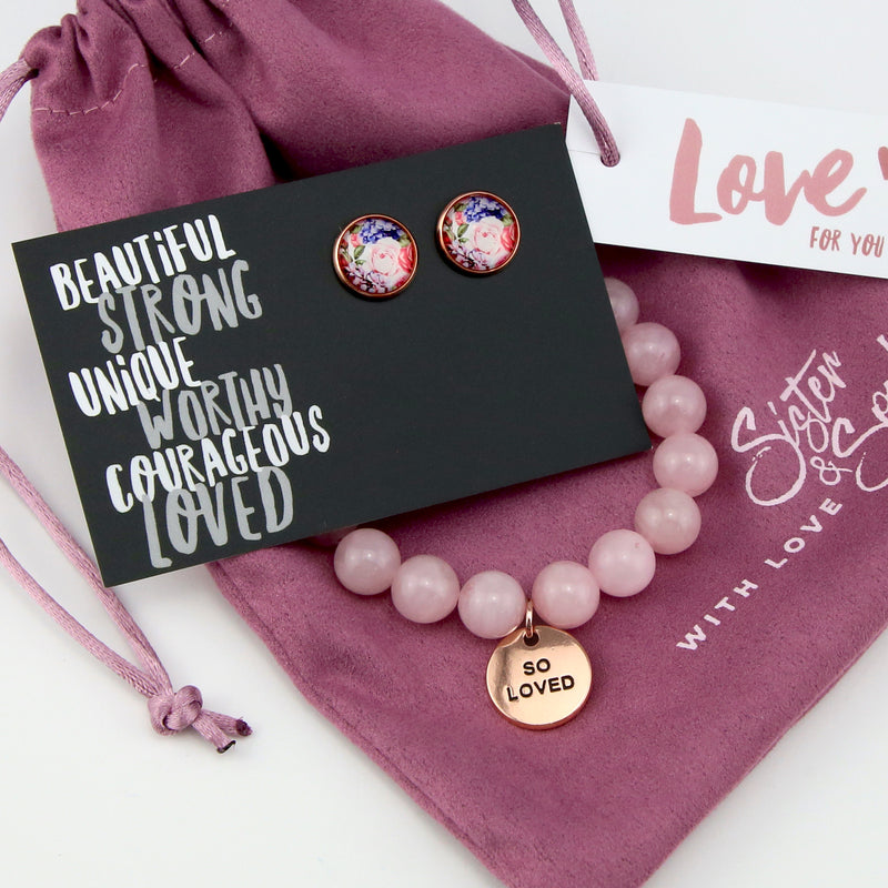 PLumb gift bag with floral rose gold earring stud and pink agate bracelet with so loved charm. 