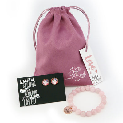 PLumb gift bag with floral rose gold earring stud and pink agate bracelet with so loved charm.