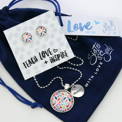 Tiny Birds TEACH LOVE INSPIRE Gift Bundle necklace and stud earrings silver bird floral
