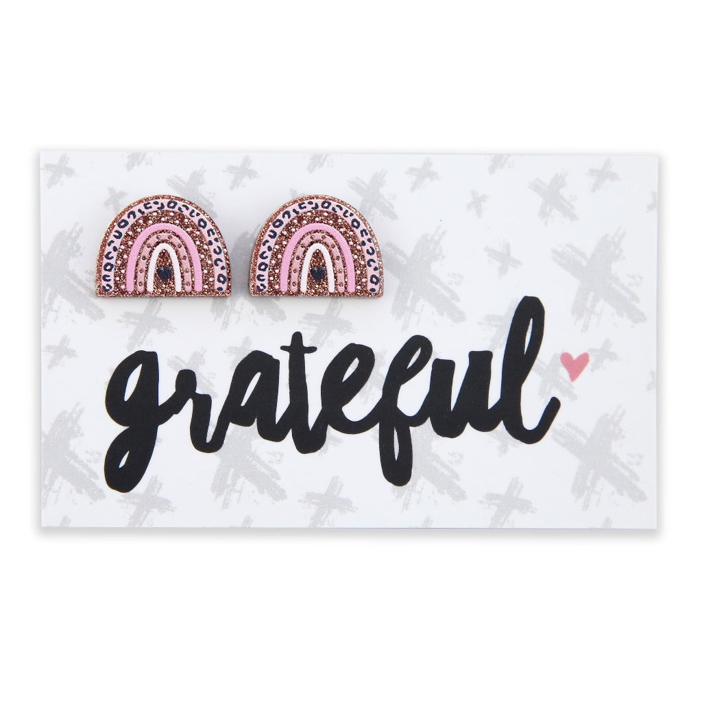 Acrylic Glitter Rainbow Studs - Grateful - Pink & Rose Gold (2314)