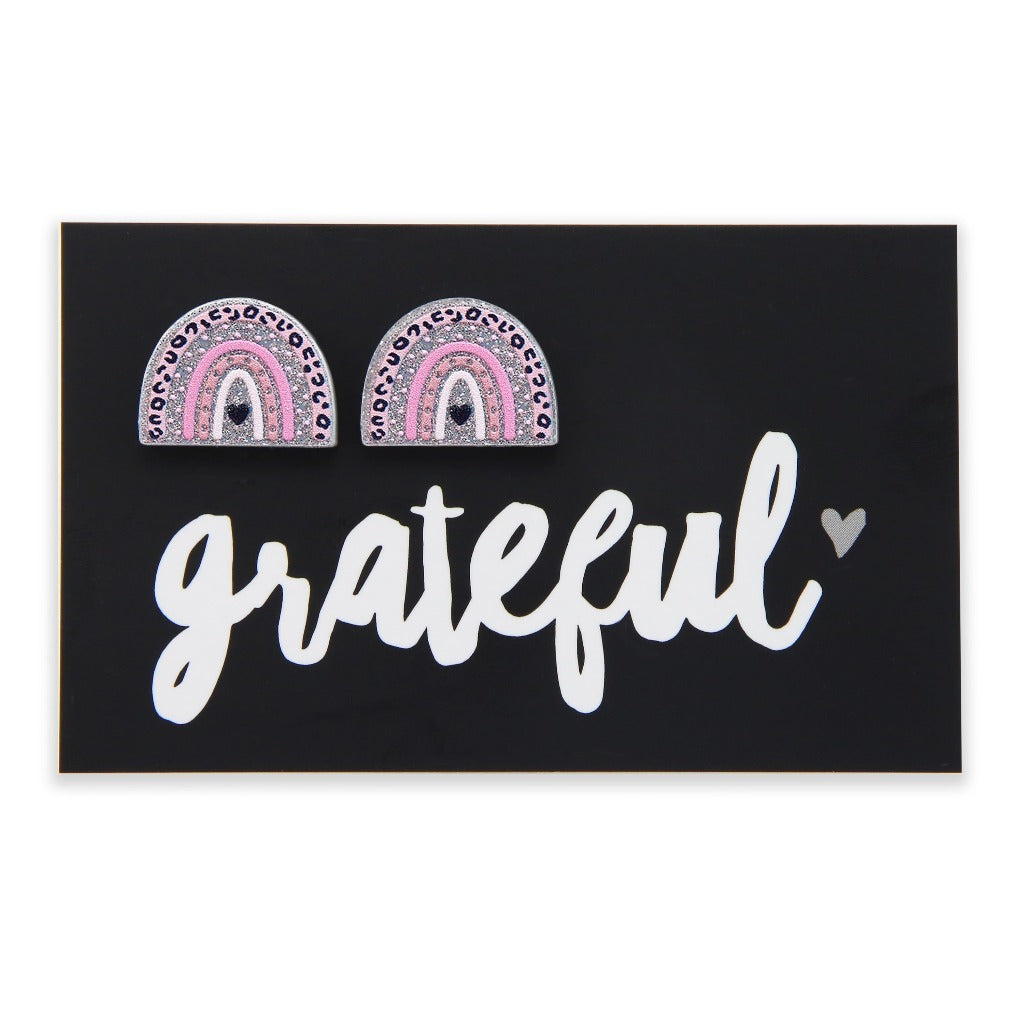 Acrylic Glitter Rainbow Studs - Grateful - Pink & Silver (2401)