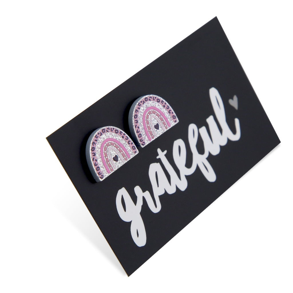 Acrylic Glitter Rainbow Studs - Grateful - Pink & Silver (2401)