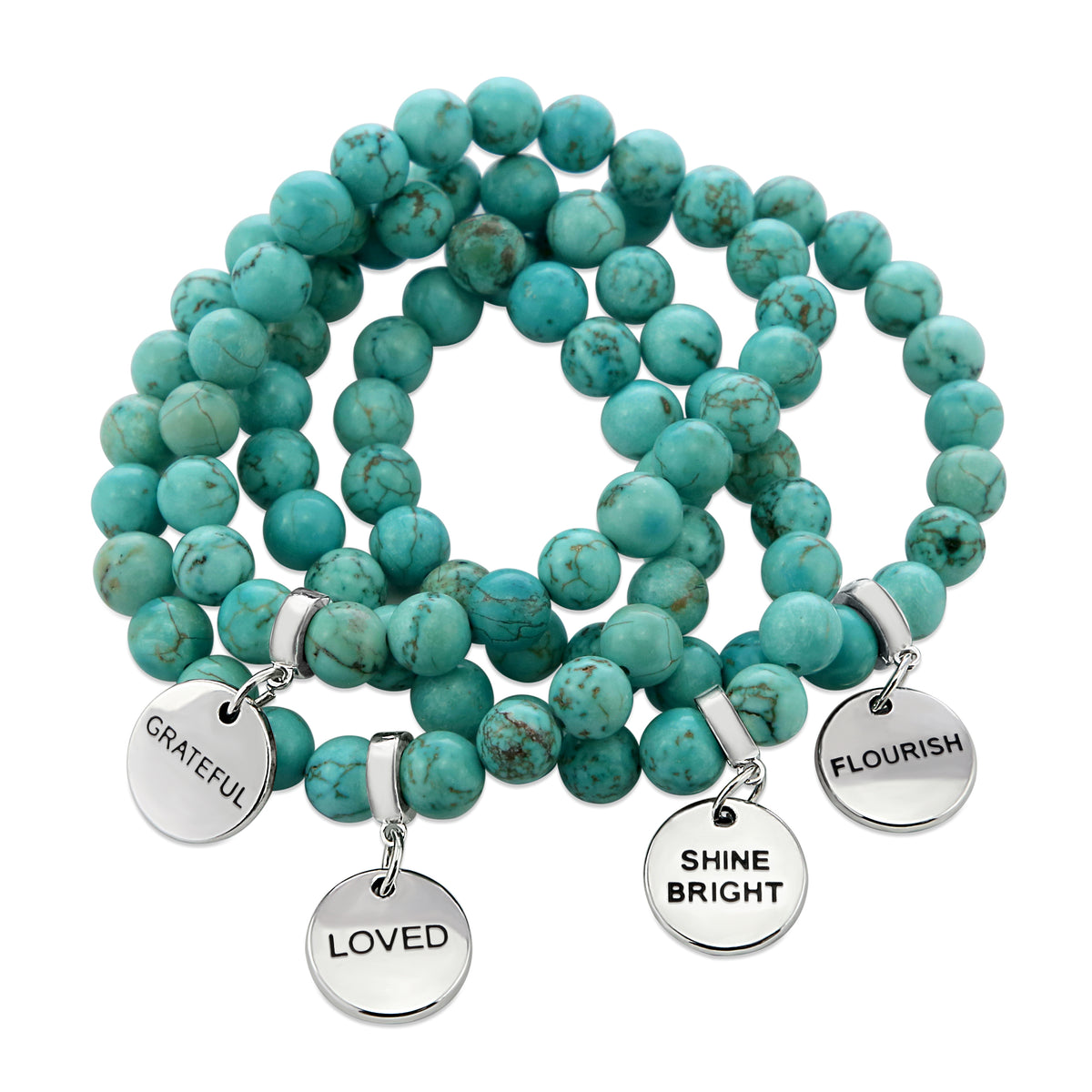 aqua breeze stone bead bracelet stack with motivational word charms