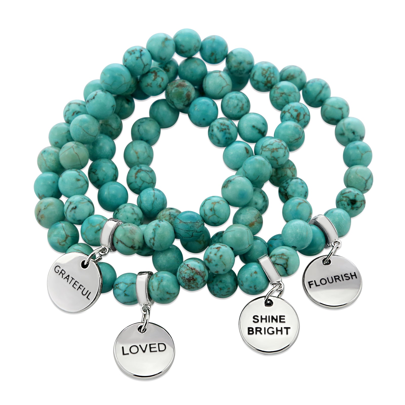 aqua breeze stone bead bracelet stack with motivational word charms