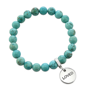 Stone Bracelet - Aqua Breeze Turquoise 8mm Beads - With Silver Word Charms