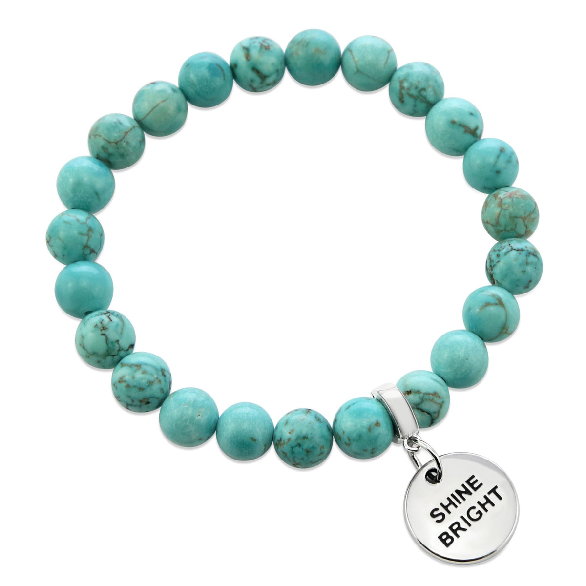 A bracelet with round blue beads and a silver charm pendant with the words 'SHINE BRIGHT' on it.