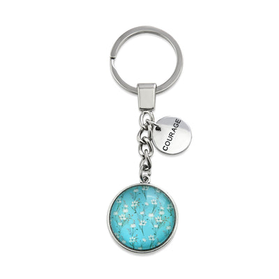 TEAL COLLECTION - Vintage Silver 'Courage' Keyring - Aqua Field Flowers (12442)