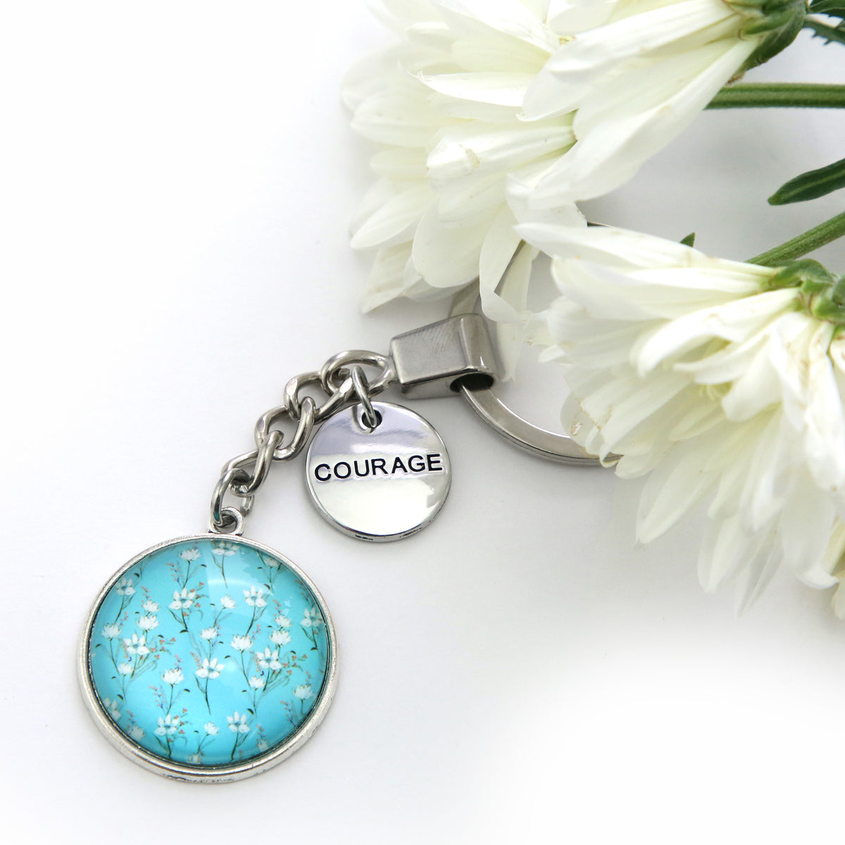 TEAL COLLECTION - Vintage Silver 'Courage' Keyring - Aqua Field Flowers (12442)