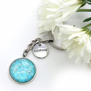 TEAL COLLECTION - Vintage Silver 'Courage' Keyring - Aqua Field Flowers (12442)