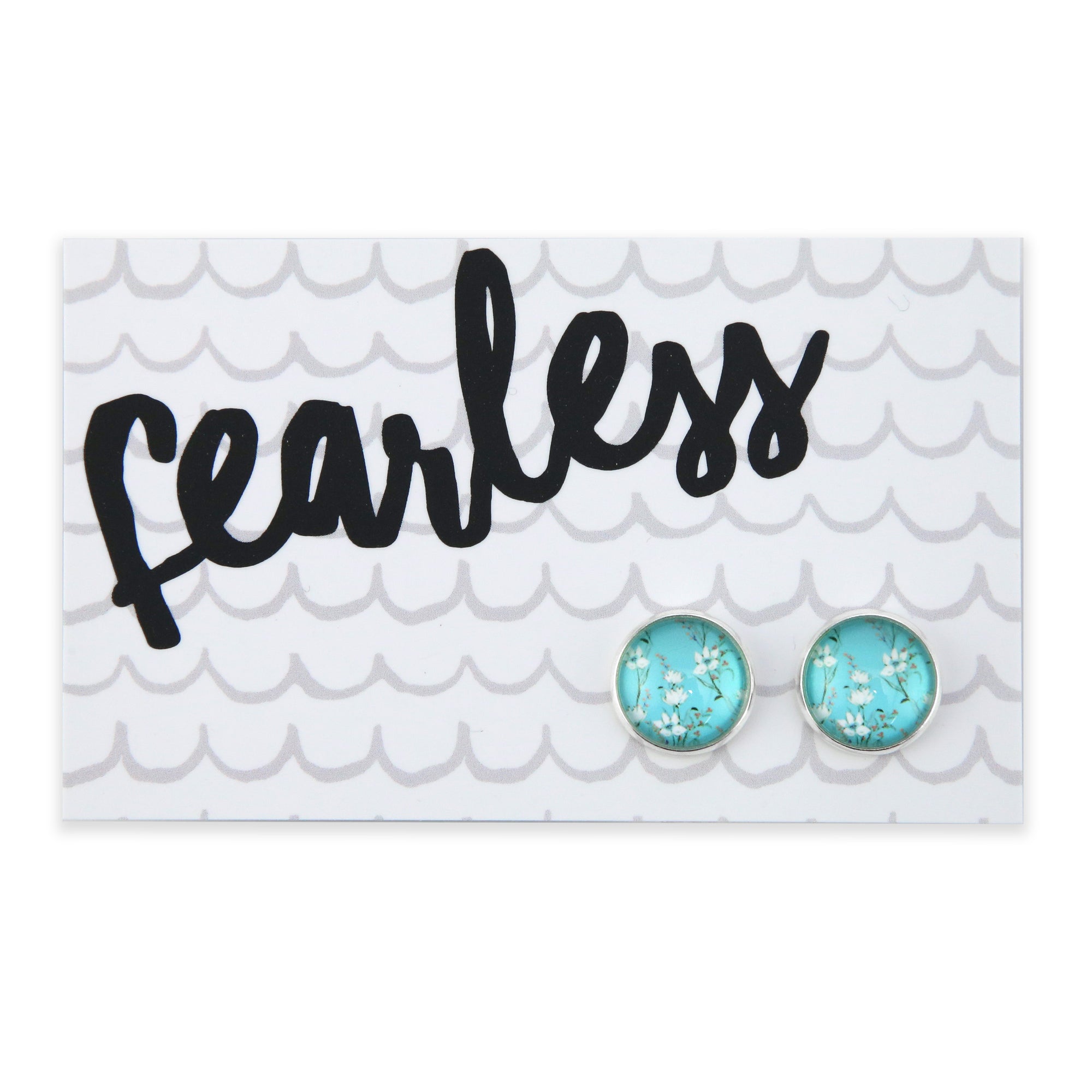 TEAL COLLECTION - Fearless - Bright Silver Surround Circle Studs - Aqua Field Flowers (11842)