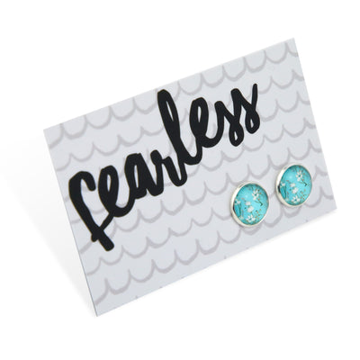 TEAL COLLECTION - Fearless - Bright Silver Surround Circle Studs - Aqua Field Flowers (11842)