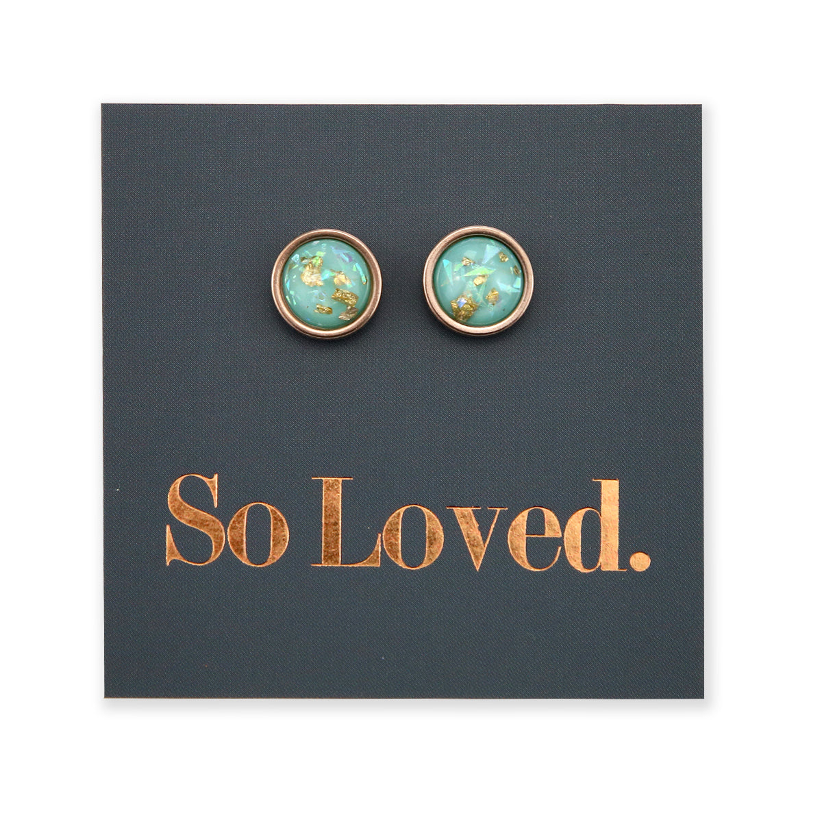 So Loved - Rose Gold Stainless Steel 8mm Circle Studs - Aqua Leaf (12362)