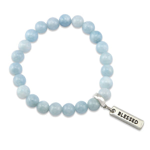 Stone Bracelet - Aquamarine Stone 8mm Beads - with Silver Word charm