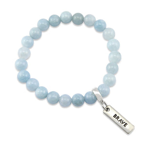 Stone Bracelet - Aquamarine Stone 8mm Beads - with Silver Word charm