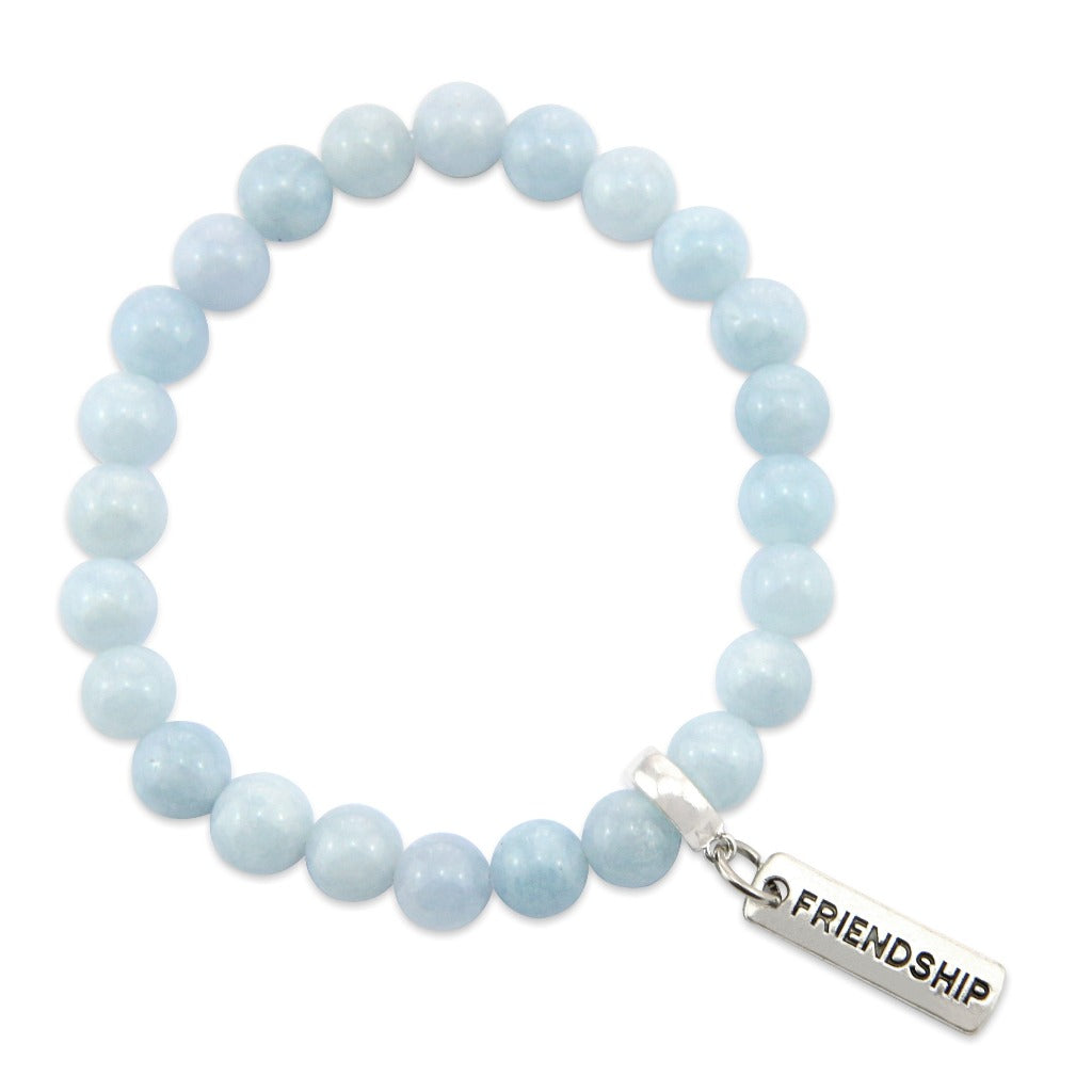 Stone Bracelet - Aquamarine Stone 8mm Beads - with Silver Word charm