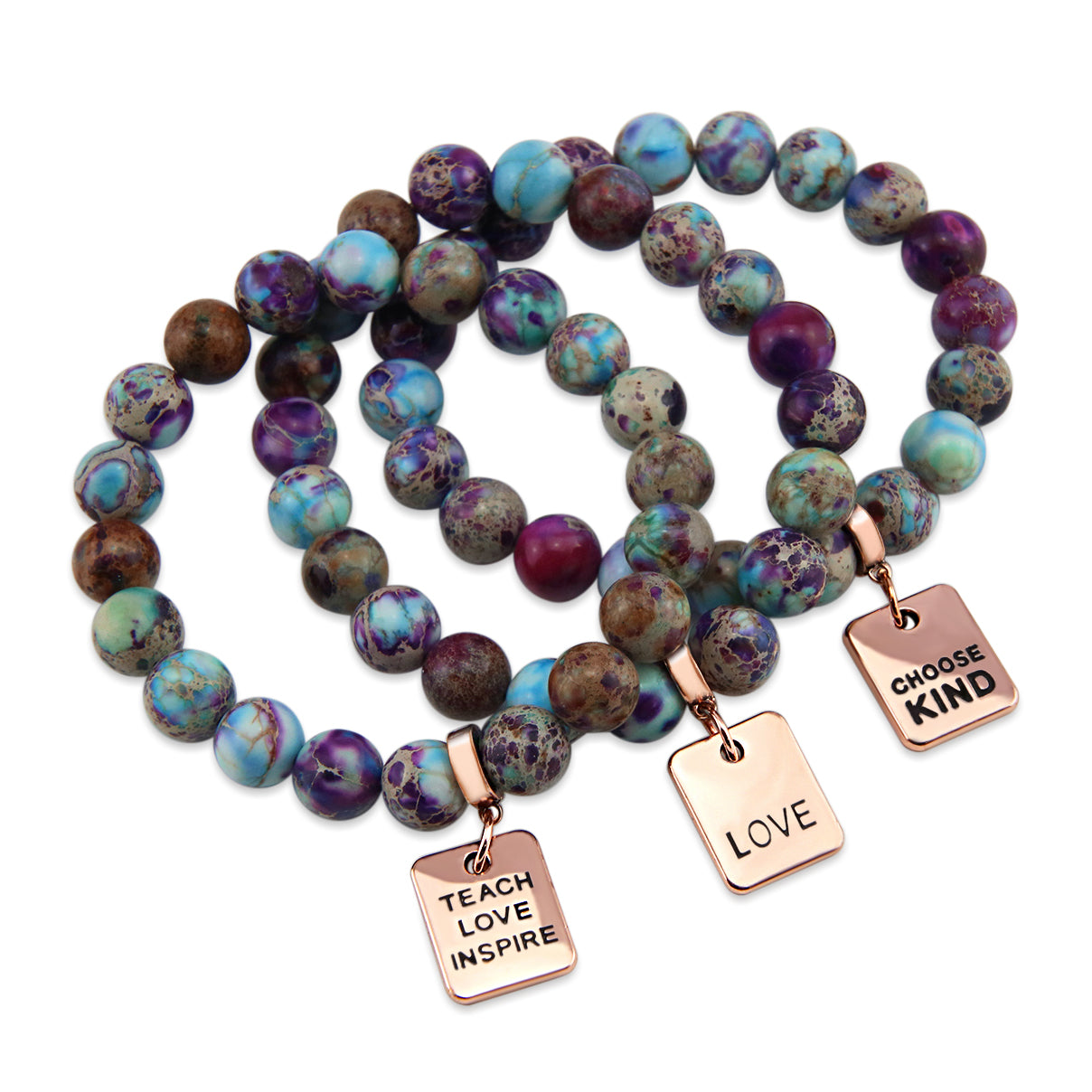 Precious Stone Bracelet Imperial Jasper Purple & Aqua Divine 10MM BEADS - With Rose Gold Word Charms