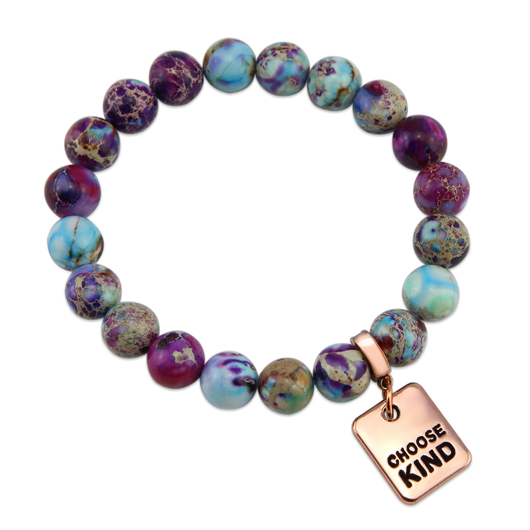 Precious Stone Bracelet Imperial Jasper Purple & Aqua Divine 10MM BEADS - With Rose Gold Word Charms