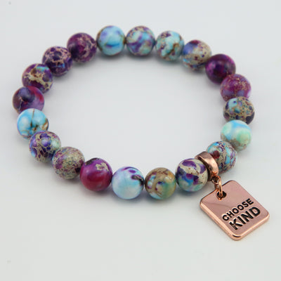 Precious Stone Bracelet Imperial Jasper Purple & Aqua Divine 10MM BEADS - With Rose Gold Choose Kind Word Charms