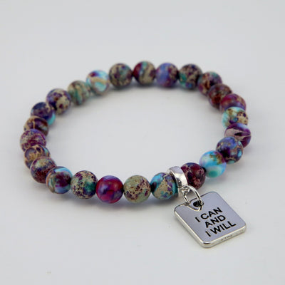 Precious Stone Bracelet - Purple & Aqua Divine Imperial Jasper 8mm Beads - With Silver Word Charms