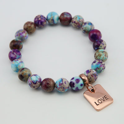 Precious Stone Bracelet Imperial Jasper Purple & Aqua Divine 10MM BEADS - With Rose Gold Love Word Charms