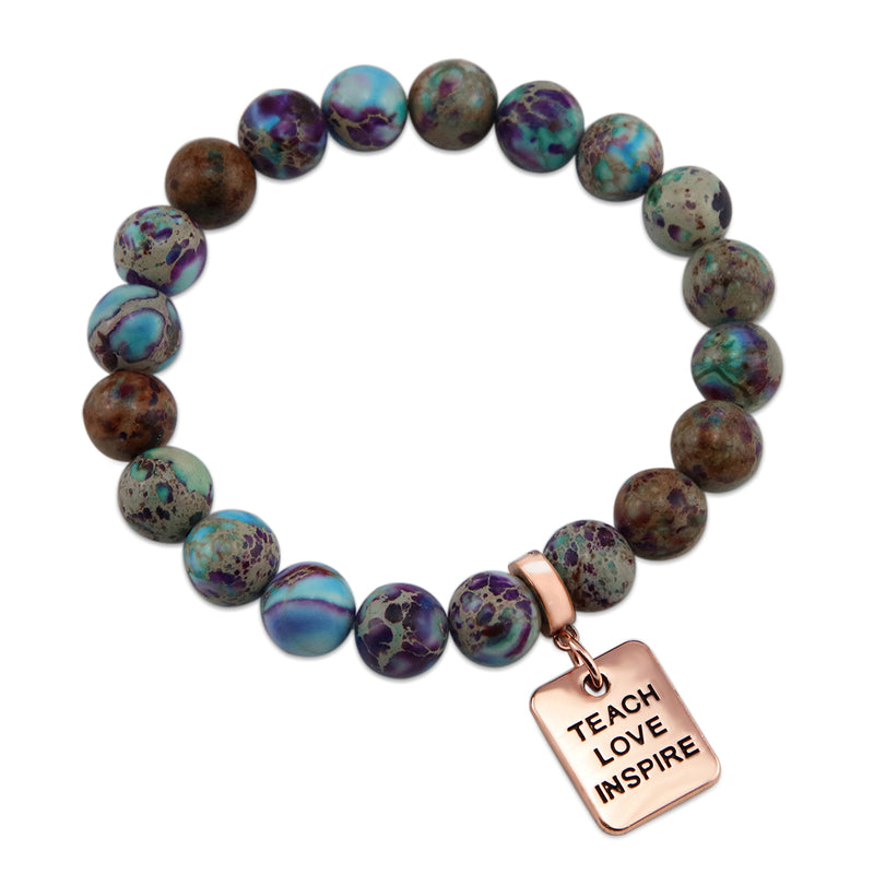 Precious Stone Bracelet Imperial Jasper Purple & Aqua Divine 10MM BEADS - With Rose Gold Word Charms