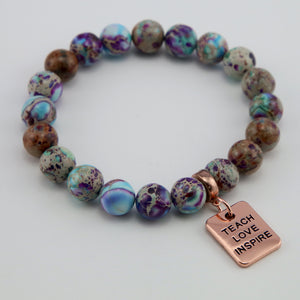 Precious Stone Bracelet Imperial Jasper Purple & Aqua Divine 10MM BEADS - With Rose Gold Teach Love Inspire Word Charms