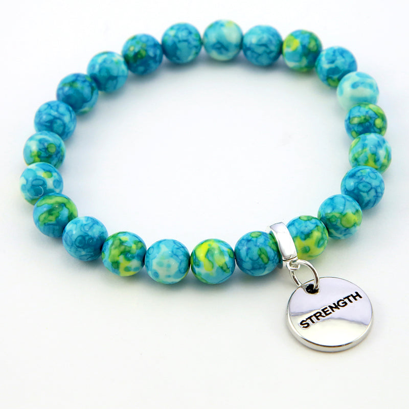 Stone Bracelet - Aqua & Sunshine Patch Agate 8mm Beads - With Silver Word Charms