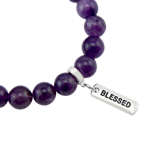 Precious Stone Bracelet - Deep Amethyst 10mm Beads - with Silver Word Charms