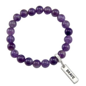 Purple amethyst stone bead bracelet with charm featuring meaningful and inspiring words with silver clip. 