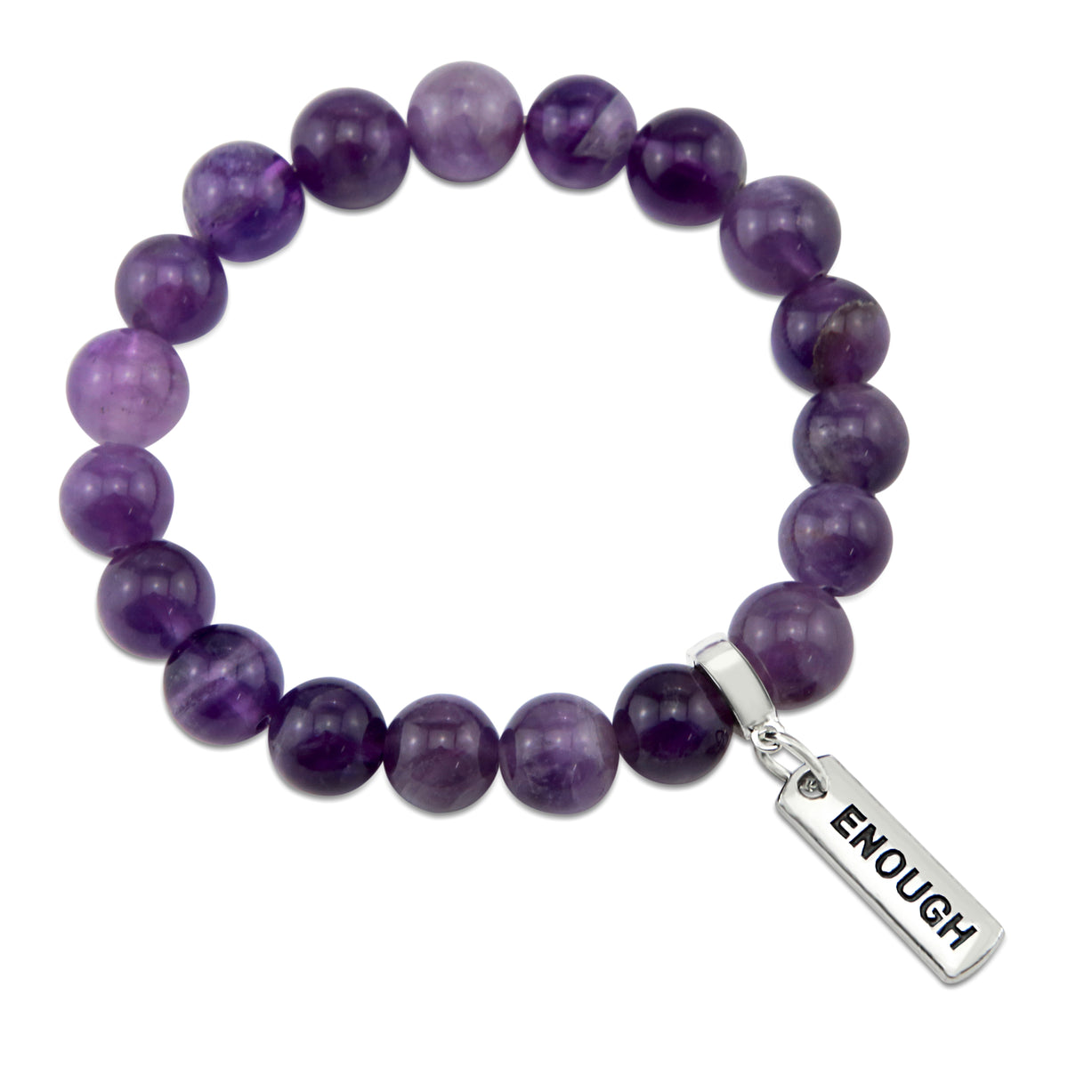Amethyst stone bead bracelet with inspiring word charms and silver clip. 